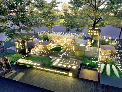 Illuminated Outdoor Art Installation With Cube Structures Green Lawn And Trees 3d model