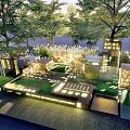 Illuminated Outdoor Art Installation With Cube Structures Green Lawn And Trees