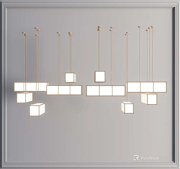 Modern Chandelier Design With Multiple Hanging Gold Rods And White Cuboid Rectangular Shades 3d model