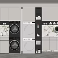 Modern Bathroom Vanity Cabinetry Featuring Washing Machines Dryers Marble Countertops Storage Mirror And Plants