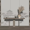 New Chinese-style Decorative Hallway Duan Jing Case Reed Vase Jewelry Ornaments Combination Tea Set 3d model