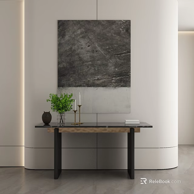 Decorative Ornaments Set Featuring Green Plant Vase Candles Book On Black Table With Gray Painting 3d model 