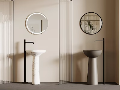 Marble And Gray Washbasins With Black Faucets Round Mirrors On Beige Wall And Glass Partitions 3d model