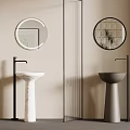 Marble And Gray Washbasins With Black Faucets Round Mirrors On Beige Wall And Glass Partitions