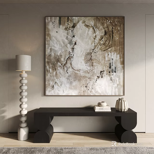Abstract Painting In Neutral Tones Hanging On Wall With Floor Lamp And Black Bench 3d model 