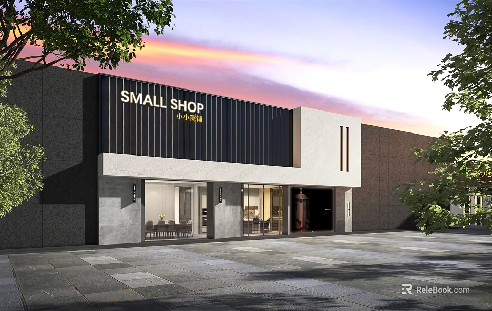 Small Shop Mall Store Modern Facade With Glass Windows Trees And Evening Sky 3d model 