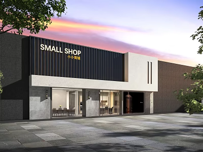 Small Shop Mall Store Modern Facade With Glass Windows Trees And Evening Sky 3d model