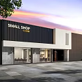 Small Shop Mall Store Modern Facade With Glass Windows Trees And Evening Sky