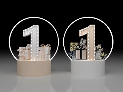 Light Up Number One Launch Device With Gift Boxes In Circular Frames On Beige White Pedestals 3d model