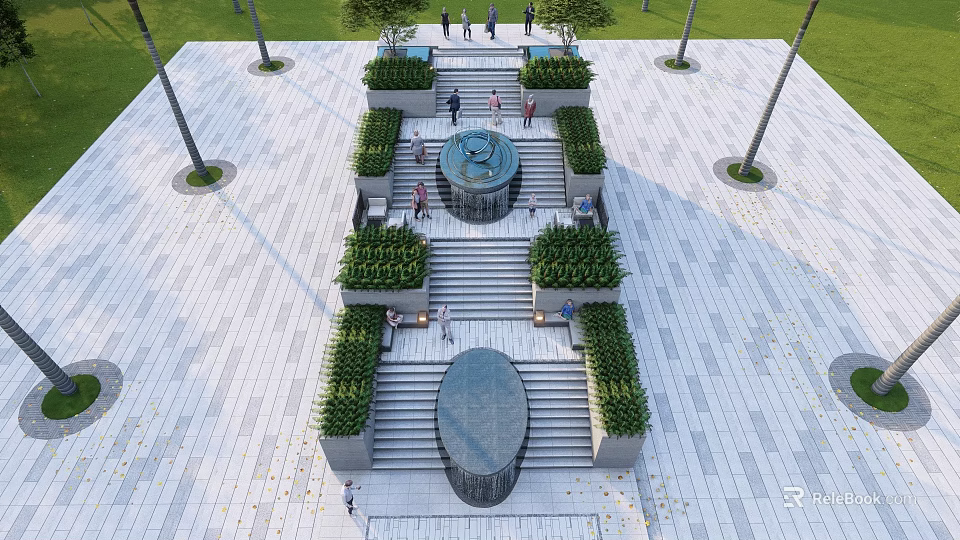 Outdoor Staircase Landscape Design With Central Fountain Greenery And Open Plaza People 3d model 