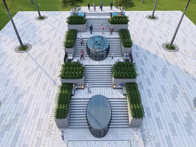 Outdoor Staircase Landscape Design With Central Fountain Greenery And Open Plaza People 3d model