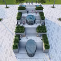 Outdoor Staircase Landscape Design With Central Fountain Greenery And Open Plaza People