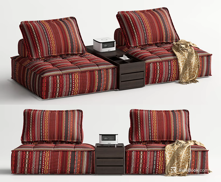 Colorful Striped Two Seater Sofa Design With Soft Cushions Side Table And Gold Blanket 3d model 