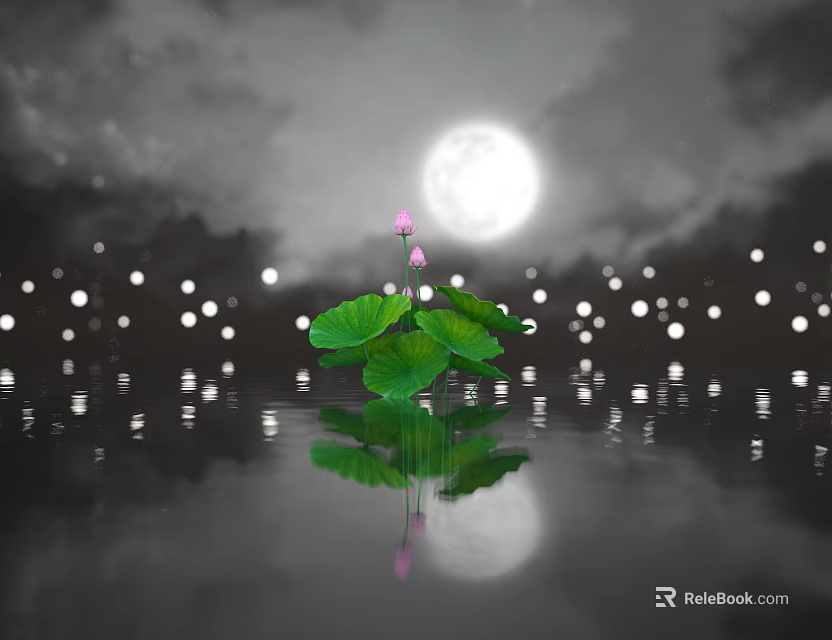 Pink Lotus Flower and Green Leaves Under Full Moon with Water Reflection and Distant Lights 3d model 