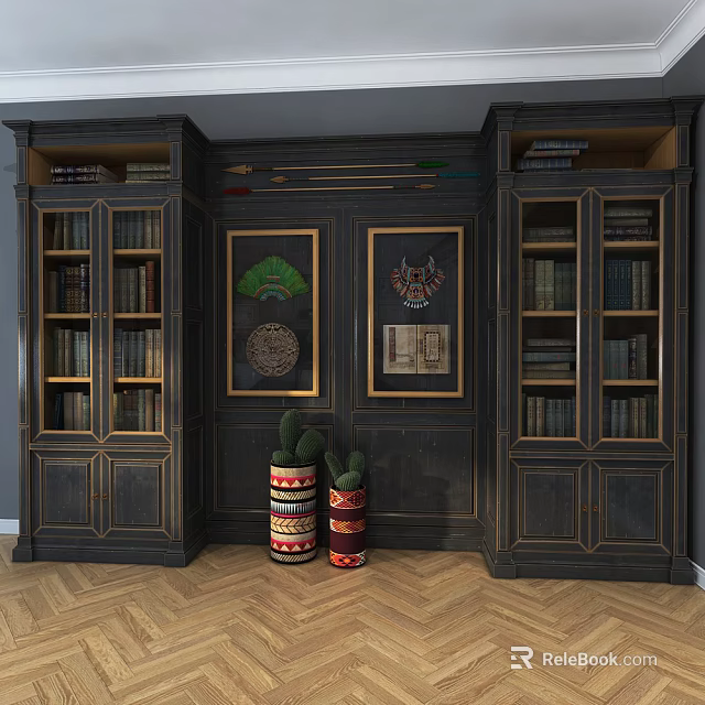 Traditional Dark Bookcase With Glass Doors Closed Cabinets Books And Decorative Vases 3d model 