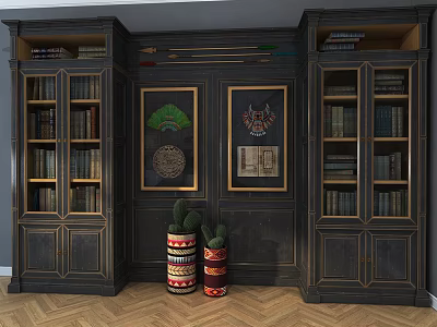 Traditional Dark Bookcase With Glass Doors Closed Cabinets Books And Decorative Vases 3d model