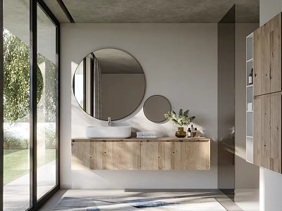 Modern Wooden Bathroom Vanity with White Sink Round Mirrors Plants and Bright Window Greenery 3d model