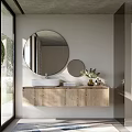 Modern Wooden Bathroom Vanity with White Sink Round Mirrors Plants and Bright Window Greenery
