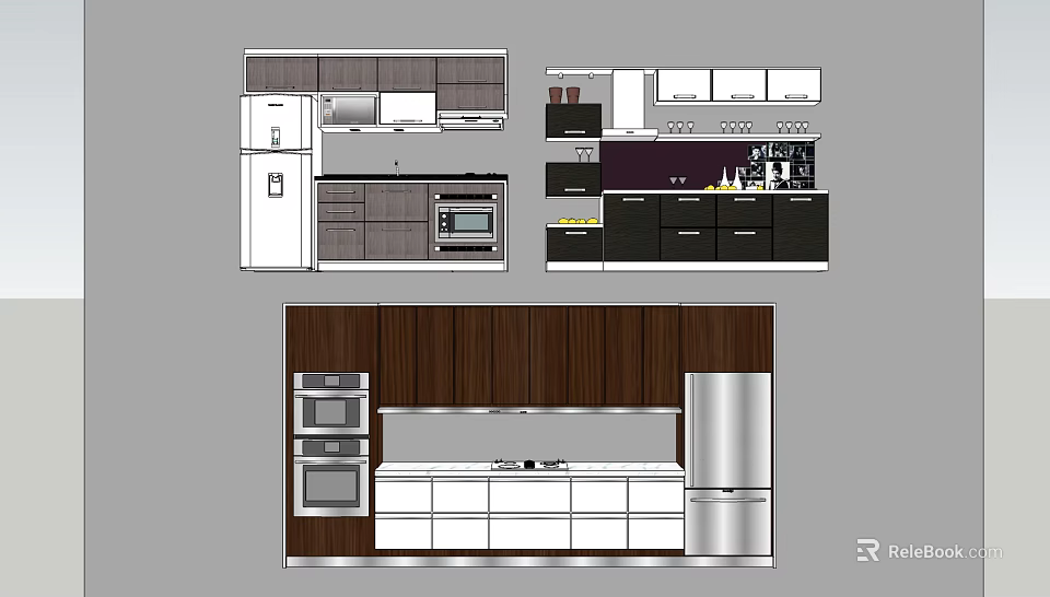 Modern Kitchen Interior Cabinet Designs With Wooden And Metallic Finishes And Appliances 3d model 