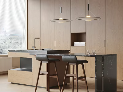 Bar Counter with Black Marble Top Wooden Cabinets Two Bar Stools and Hanging Pendant Lights 3d model