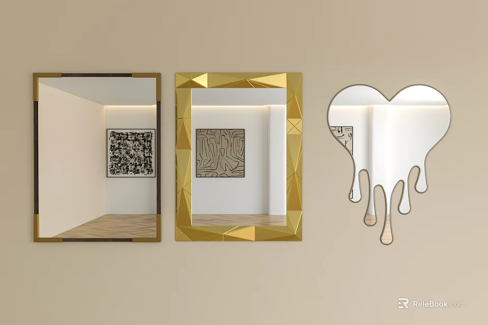 Various Designed Wall Mirrors Including Gold Geometric Frame And Heart Shaped With Dripping Edge 3d model 