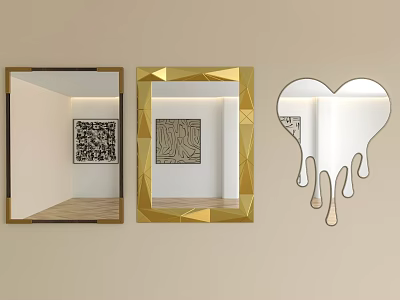 Various Designed Wall Mirrors Including Gold Geometric Frame And Heart Shaped With Dripping Edge 3d model