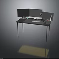 Contemporary Office Workstation With Multiple Monitors Desk Lamp And Electronic Devices