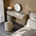 Modern Dressing Table With Round Mirror Table Lamp Aromatherapy Bottle And Beige Chair 3d model