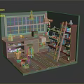 Cartoon Cozy Workshop Scene With Window Pendant Lights Wooden Ladder Shelves And Potted Plants