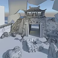 Cartoon Scene of Ancient Chinese Gateway with Stone Walls and Stone Blocks