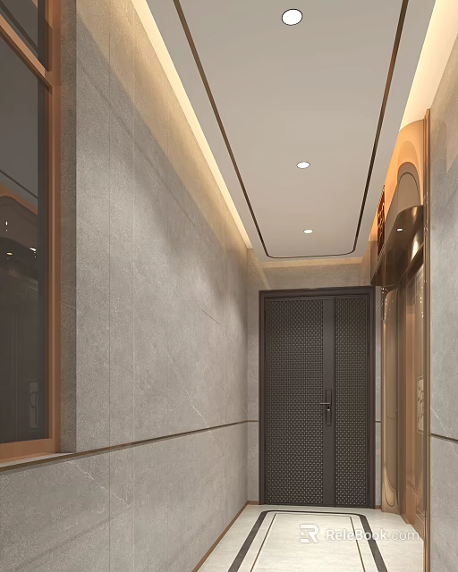 Modern Elevator Lobby Interior Design With Gray Wall Panels And Recessed Ceiling Lights 3d model