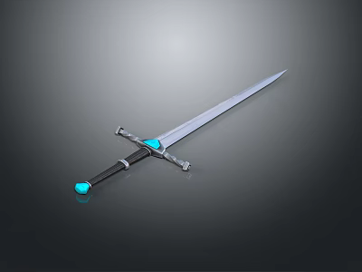 Medieval Silver Blade Sword With Black Hilt Blue Gemstone And Crossguard Design 3d model