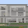 Modern Detached Villa Exterior With Large Glass Windows Balconies And Garden Outdoor Seating