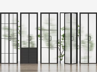 Contemporary Folding Doors with Black Frames Glass Panels and Green Plants on Wooden Floor 3d model