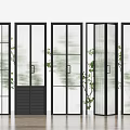 Contemporary Folding Doors with Black Frames Glass Panels and Green Plants on Wooden Floor
