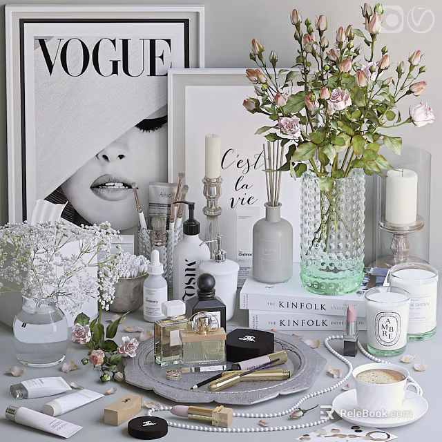 Perfume And Cosmetics Display With Vogue Magazine Floral Bouquet And Scented Candles 3d model 