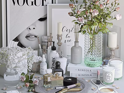 Perfume And Cosmetics Display With Vogue Magazine Floral Bouquet And Scented Candles 3d model