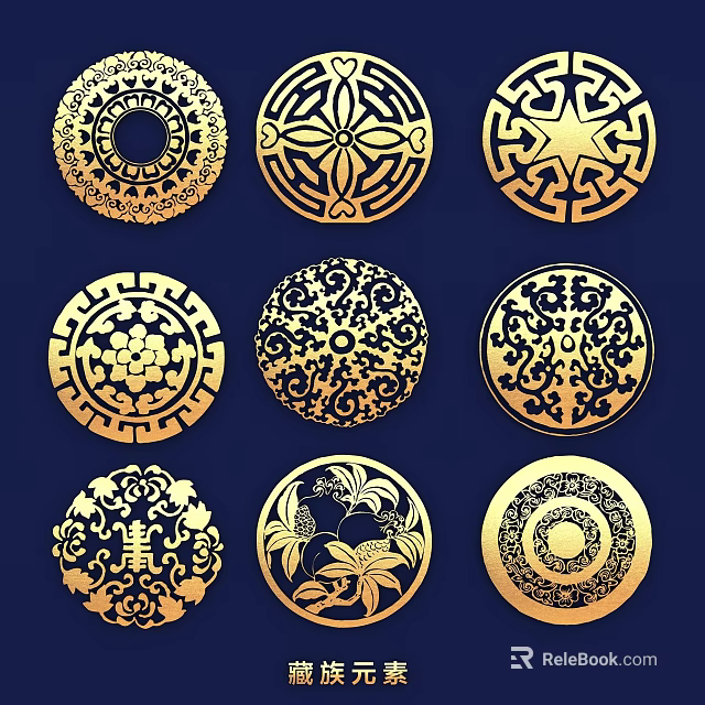 Golden Circular Wall Decor with Various Intricate Patterns on Dark Blue Background 3d model 