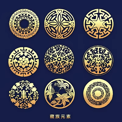 Golden Circular Wall Decor with Various Intricate Patterns on Dark Blue Background 3d model