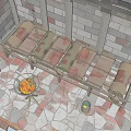 Medieval Castle Reception Desk Area With Stone Brick Floor Arched Doorways And Torches