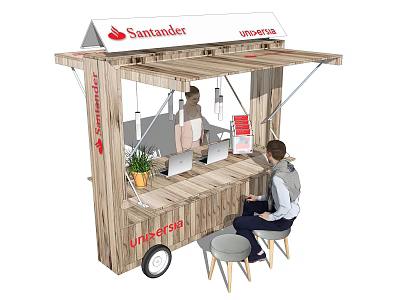 Functional Mobile Vehicle With Wooden Structure Santander Logo Canopy And Customer Seating 3d model