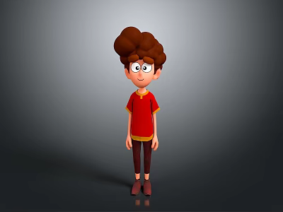 3D Cartoon Boy Game Movie Character With Curly Brown Hair Red Top Yellow Trim And Dark Pants 3d model