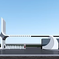 Modern Entrance Gate Design With White Geometric Structure Glass Panels Open Area And Blue Sky