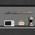Smeg Kitchen Appliances Microwave Toaster Coffee Machine On Counter With Shelf Jars And Coffee Bags