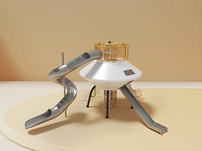 Modern Playground Equipment With Flying Saucer Shaped Top And Curved Slides 3d model