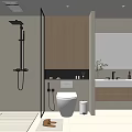Modern Bathroom Interior Design With Glass Shower Wooden Cabinets Vanity Mirror And Window Blinds