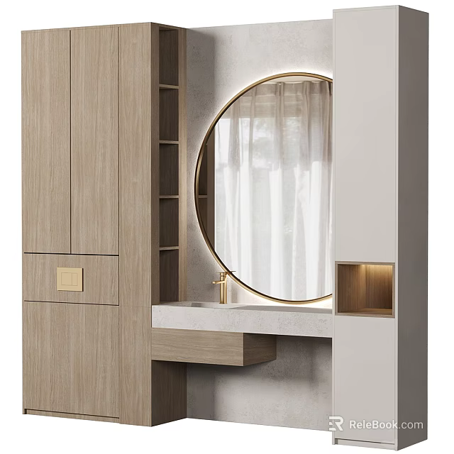 Modern Minimalist Bathroom Cabinet Rack With Wooden Finish Round Gold Frame Mirror And Open Shelves 3d model 