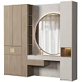 Modern Minimalist Bathroom Cabinet Rack With Wooden Finish Round Gold Frame Mirror And Open Shelves