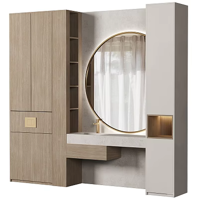 Modern Minimalist Bathroom Cabinet Rack With Wooden Finish Round Gold Frame Mirror And Open Shelves 3d model