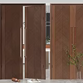 Elegant Brown Wooden Double Doors Interior Design With Herringbone Pattern And Green Plant Decoration